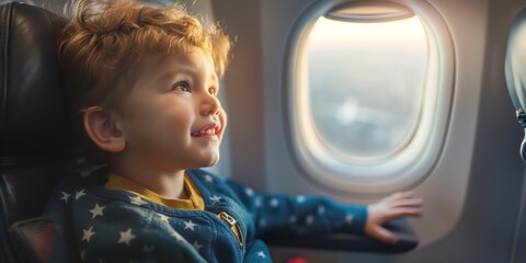 A young child is sitting in an airplane seat, looking out the window with a smile on his face
