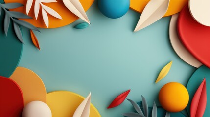 This image showcases a vibrant arrangement of colorful abstract shapes and leaves, set against a dynamic blue-green background, creating a lively and engaging composition.