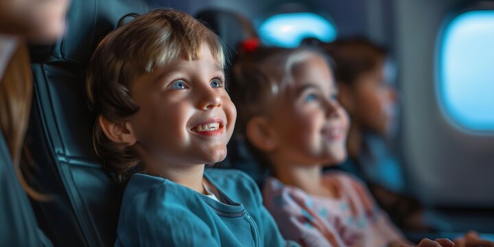 A young boy and two girls are sitting in an airplane, smiling and looking out the window. Scene is happy and cheerful, as the children seem to be enjoying their time on the plane