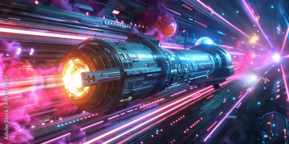 Poster a spaceship speeds through a quantum tunnel in a futuristic universe with advanced technology and co