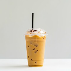 A cup of coffee with a black straw.