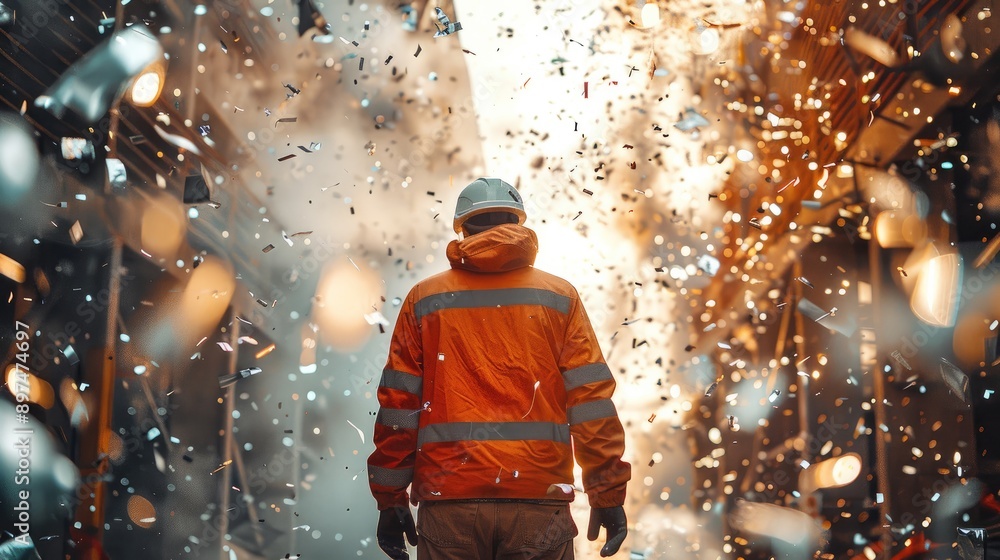 Poster rear view, a construction worker at a beautiful construction site in the afternoon surrounded by sil