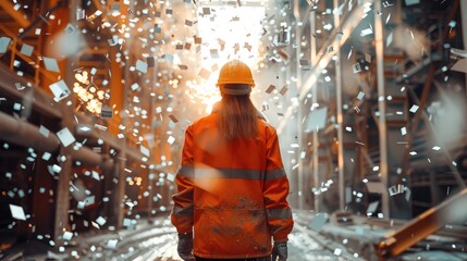 Rear view, a construction worker at a beautiful construction site in the afternoon surrounded by silver confetti in summer day nowness style. Generative AI.