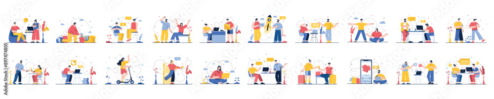 Poster bundle of colorful concepts with people scene in flat cartoon design. a large selection of colorful 