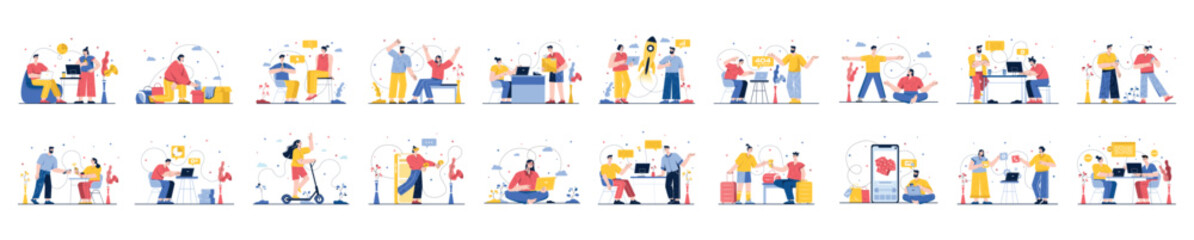 Naklejka premium Bundle of colorful concepts with people scene in flat cartoon design. A large selection of colorful images showing men and women in various life situations. Vector illustration.