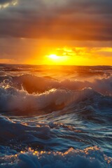 A beautiful sunset over the ocean with waves.