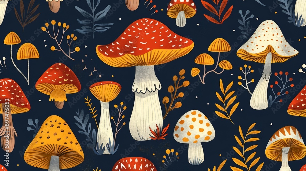 Poster whimsical mushroom pattern, adorable mushroom illustrations in a simplistic style, perfect for addin