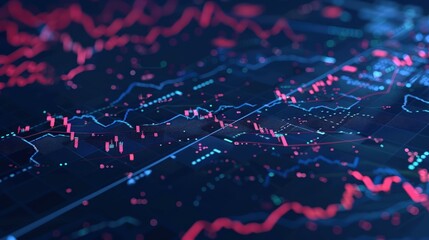 Coral and navy stylized stock market analytics on a digital interface.
