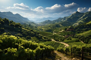 A lush vineyard with rows of grapevines and a distant hillside
