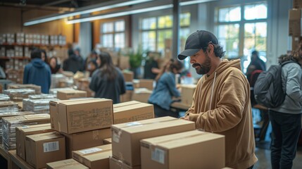 Workers at a bustling warehouse pack and prepare boxes for shipment amidst shelves of inventory.