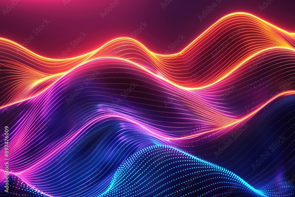 Poster vibrant digital waves in neon colors create a mesmerizing flow, perfect for backgrounds and abstract