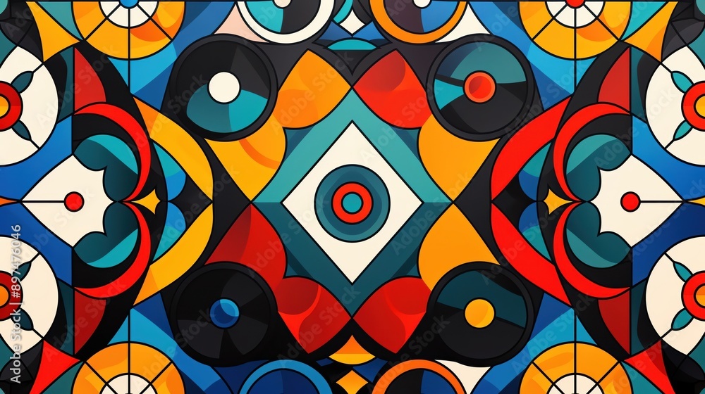 Poster vibrant geometric abstract art with circular and diamond patterns in multiple colors, creating a vis