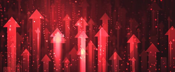 Crimson red upward arrows on a dark red gradient, dotted with light red points symbolizing economic boom.