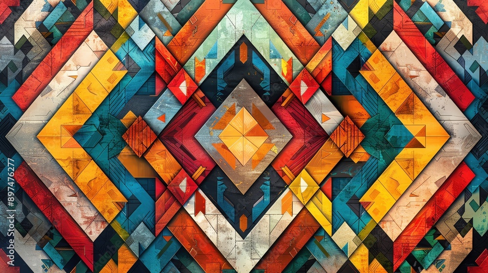 Poster vibrant geometric abstract pattern with colorful triangles and diamonds, creating a dynamic and visu