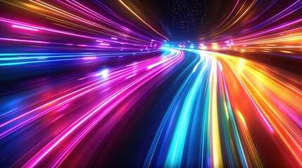 Obraz premium Vibrant light trails create dynamic movement in a colorful abstract background, perfect for illustrating speed and motion.