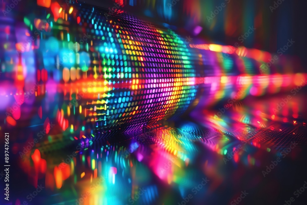 Poster Vibrant lights create a mesmerizing abstract pattern, showcasing colorful reflections and unique textures.
