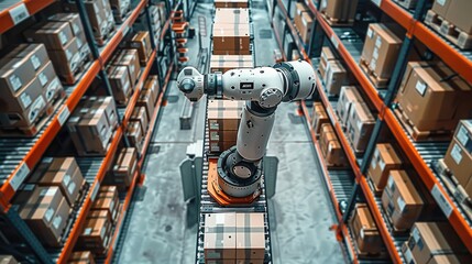 A robotic arm with a palletizing tool, neatly stacking boxes of various sizes and colors. industrial warehouse setting. Generative AI.