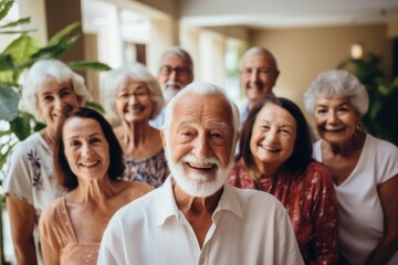 Portrait of a elderly group of seniors smiling in nursing home
