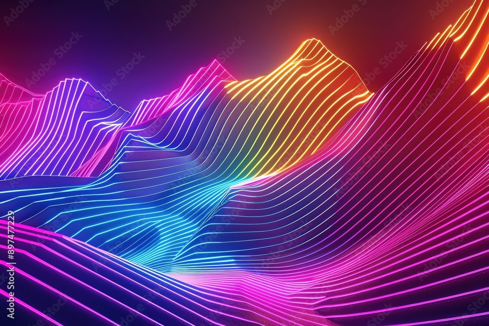 Poster vibrant neon mountain landscape with colorful waves and dynamic lines, creating a mesmerizing visual