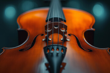 Fototapeta premium Close-up of a violin's bridge and strings, highlighting its elegant craftsmanship and rich wood texture.