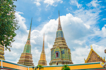 Picture of pagodas in Wat Pho in Bangkok, Thailand, one of Thailand's oldest temples.