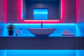 Modern bathroom design with pink and blue LED lights, a sleek sink, and clean decor elements.