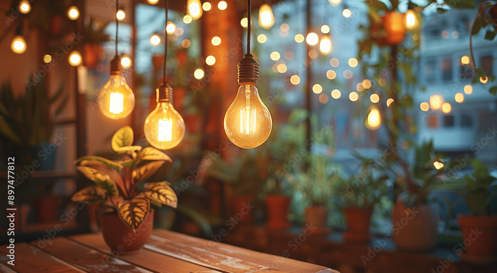 Poster vintage light bulbs hanging over a wooden table in a cozy room with potted plants and string lights 