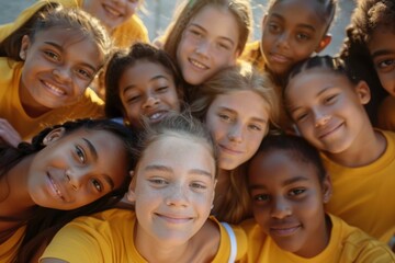 Obraz premium Diverse group of young girls with yellow shirts taking a selfie
