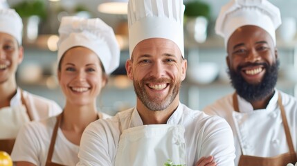 A happy chef, front and center in white attire, smiles brightly with his colleagues in the background, demonstrating a friendly and collaborative kitchen atmosphere.