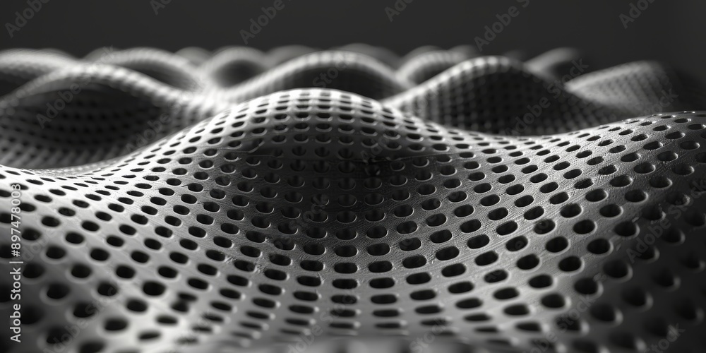 Poster the image shows an abstract metallic surface with undulating perforations, high contrast, and unique