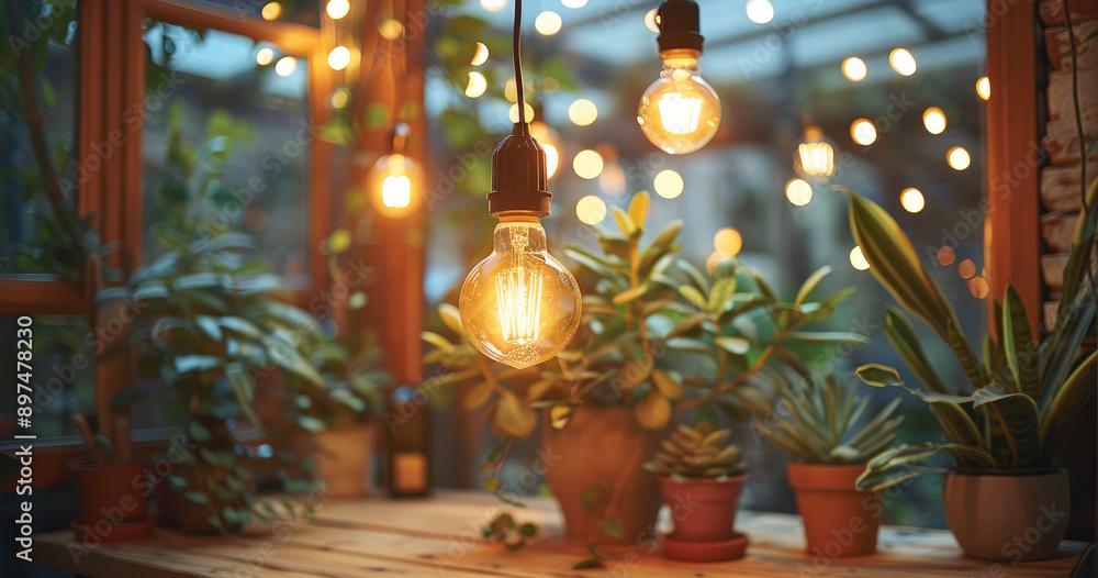 Poster vintage light bulbs hanging over a wooden table in a cozy room with potted plants and string lights 