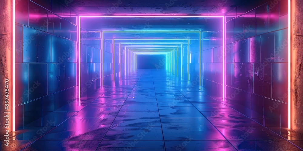 Poster abstract background with neon blue and violet light, dark room, square glow, futuristic corridor, 3d