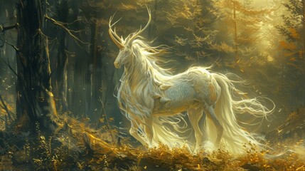 fantasy creature art, an enchanting creature with horns and a flowing mane, beautifully drawn in a mystical forest, embodying the charm of fantasy art