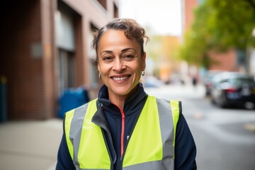 Naklejka premium Portrait of a middle aged delivery woman outside