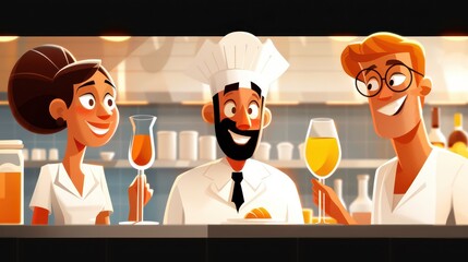 A lively and animated scene of a cartoon chef, and people engaging in conversation and enjoying drinks; reflects social interaction, culinary arts, and friendly atmosphere.