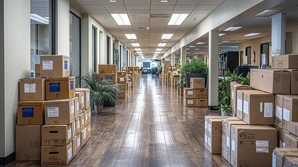 Office hallway filled with stacks of cardboard boxes and plants.