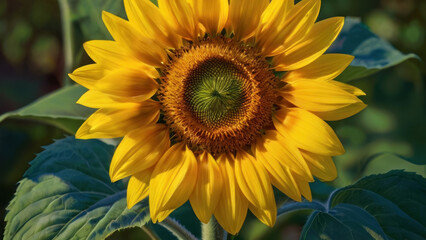 Obraz premium Bright, sunny sunflower close-up. Golden petals surround the dark heart of the flower, creating an impressive and cheerful composition