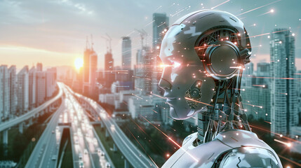Combining humanoid robots with city streets and expressways. Concept of the use of artificial intelligence and 5G technology in managing travel in smart cities. Multiple double exposure