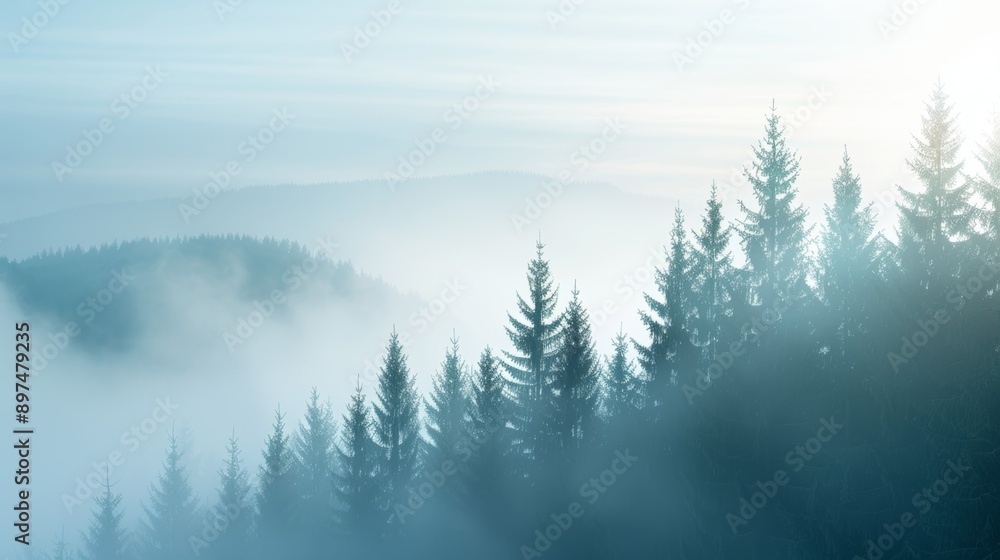 Poster a misty forest with trees and mountains in the background