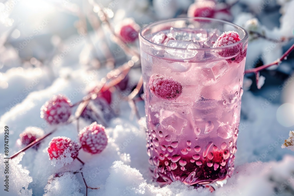 Poster Pink cocktail is standing on snow covered ground with frozen berries, enjoying the winter sun