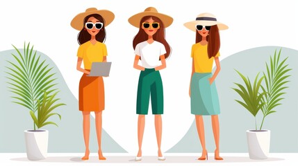 Three women in fashionable summer clothing and hats, engaging in casual activities, set against a backdrop of modern greenery, exemplifying casual elegance and modern lifestyle.