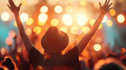 A back view of a person enjoying a concert with their hands raised, wearing a hat, against a background of bright, blurred lights, capturing the essence of live music and freedom.