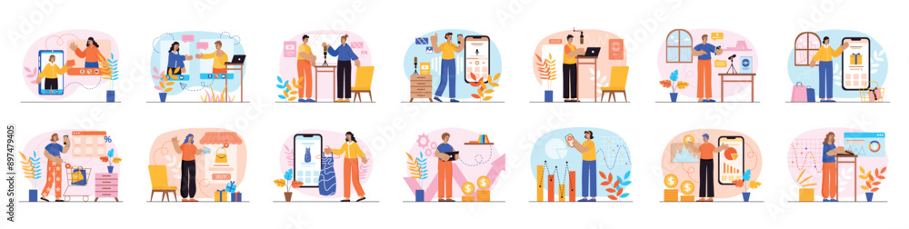 Poster bundle of simple concepts with people scene in flat cartoon design. the set of illustrations are don