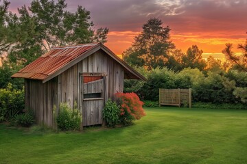 A small wooden house with a red roof sits in a lush green yard. The house is surrounded by trees and bushes, and there is a bench nearby. The scene is peaceful and serene