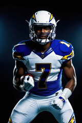 American football player against a dark background preparing to play; emphasizes the strength, dynamics and spirit of wrestling
