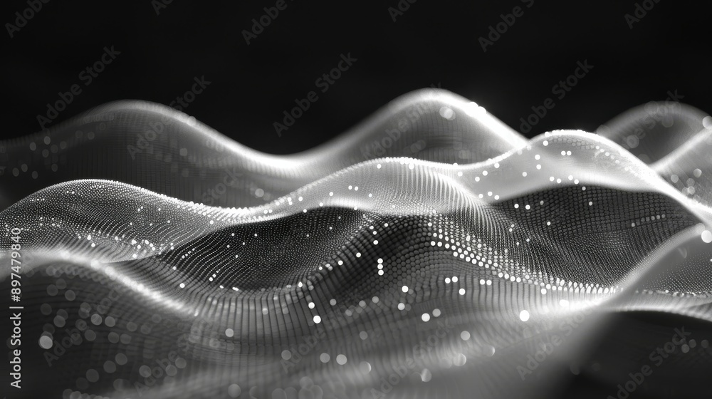 Poster a mesmerizing abstract representation of digital waves and glowing dots set against a dark backdrop