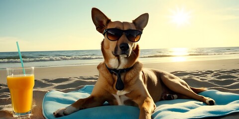 Dog wearing sunglasses, relaxing on the beach with a glass of orange juice, evoking a fun and carefree vacation atmosphere.