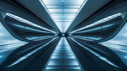 Obraz premium Futuristic empty hallway with ascending escalator and captivating light reflections patterns