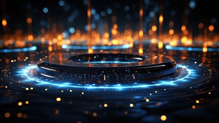 Abstract Circular Stage with Glowing Lights: Futuristic and vibrant, a circular stage bathed in blue neon light, with warm sparks dancing in the background, creating a captivating and otherworldly atm