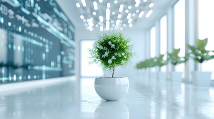 Small green plant in a white pot, sitting on a white floor.